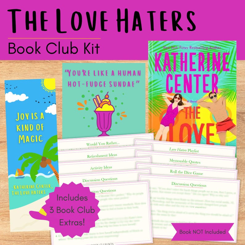 以下が含まれることがあります： 「The Love Haters」というタイトルのブッククラブキット。本の表紙、しおり、ディスカッションの質問が書かれたカードが含まれています。本の表紙にはビーチにいるカップルが描かれています。しおりには「Joy is a kind of magic」と書かれています。