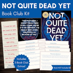 Puede incluir: Un kit de club de lectura para "Not Quite Dead Yet" de Holly Jackson. El kit incluye preguntas de discusión, tarjetas de citas e ideas de actividades. La portada del libro es visible, junto con una cita del libro. El kit incluye 3 extras del club de lectura.