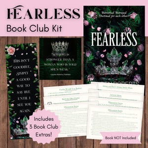 Könnte beinhalten: Ein Buchclub-Kit mit dem Titel "FEARLESS". Das Kit enthält ein Buchcover, Diskussionskarten und ein Lesezeichen mit dem Text "This isn't goodbye. Simply a good way to say bye until I see you again."