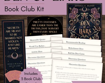 Den of Liars-boekenclubkit en discussiegids met op maat gemaakte bladwijzer en quote-afdrukbare items