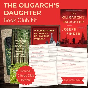 Puede incluir: Un kit de club de lectura para la novela "The Oligarch's Daughter". El kit incluye una portada de libro, tarjetas de discusión y extras. La portada es roja con el título y el nombre del autor. También incluye una cita.