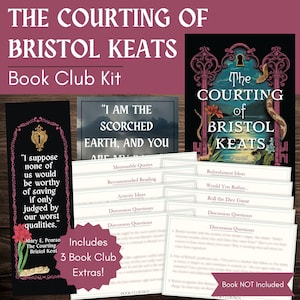 Op de afbeelding: Een boekenclubkit voor "The Courting of Bristol Keats" bevat een bladwijzer, citatenkaarten en discussievragen. De kit bevat een afbeelding van de boekomslag en de tekst "Includes 3 Book Club Extras!"