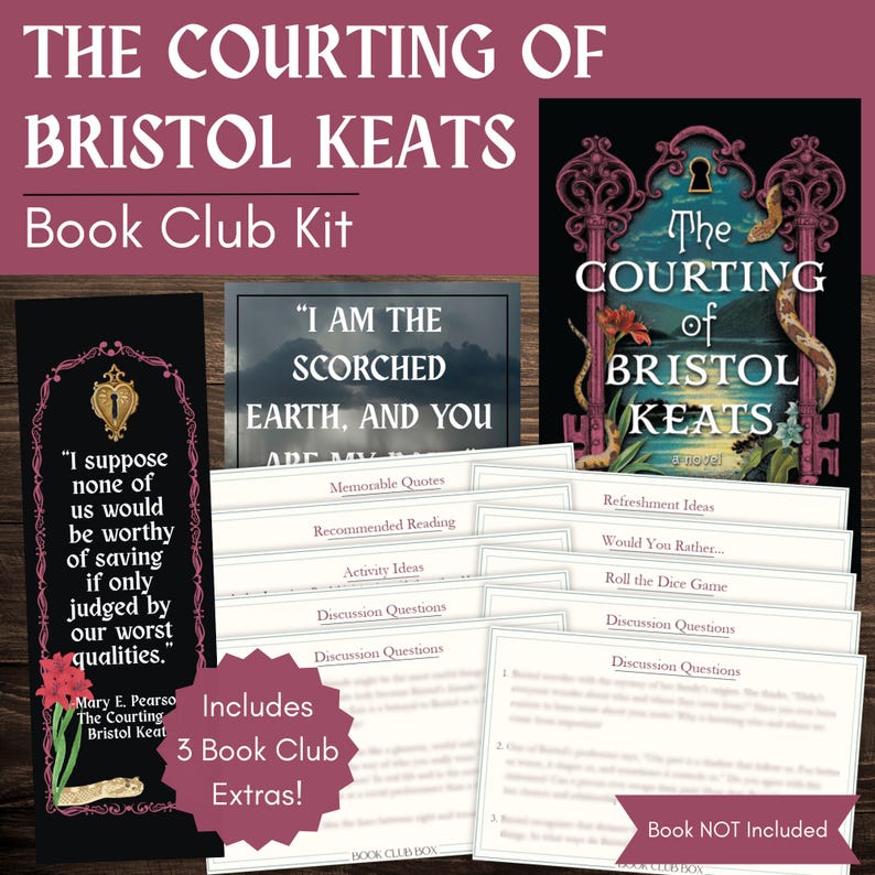 Op de afbeelding: Een boekenclubkit voor "The Courting of Bristol Keats" bevat een bladwijzer, citatenkaarten en discussievragen. De kit bevat een afbeelding van de boekomslag en de tekst "Includes 3 Book Club Extras!"