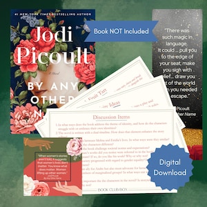 Peut inclure: Une boîte de club de lecture pour le roman "By Any Other Name" de Jodi Picoult. La boîte comprend des questions de discussion, une recette de tarte aux fruits et une citation du livre. Le texte sur la boîte indique "Livre NON inclus" et "Téléchargement numérique".