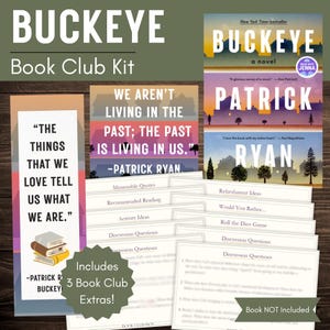 Puede incluir: Un kit de club de lectura "BUCKEYE" con el texto "Book Club Kit". El kit incluye preguntas de discusión, ideas de actividades y citas. La portada del libro es visible, con el título "BUCKEYE" y el nombre del autor, Patrick Ryan.