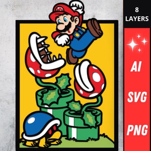 May include: A digital illustration featuring Mario jumping above a Piranha Plant and a Koopa Troopa. The background is yellow, with green pipes and red and white plants. The image includes the text "8 LAYERS", "AI", "SVG", and "PNG".