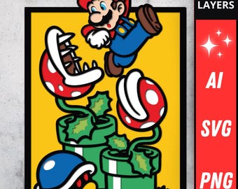 Plik SVG Mario kontra Piranha Plant, obraz warstwowy 3D, grafika dla graczy, Shadow Box, pliki Laser i Cricut, Koopa Troopa