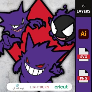 May include: A digital design featuring three purple cartoon characters with red eyes and sharp teeth, set against a red diamond shape. The image includes the text "6 LAYERS" and file type icons for AI, SVG, and PNG. The logos for Glowforge, Lightburn, and Cricut are also present.