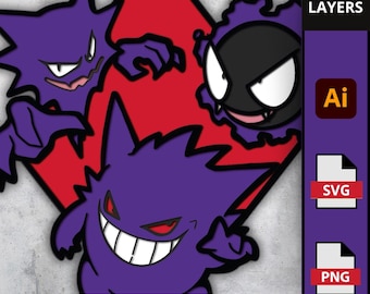 Gengar Haunter Gastly SVG, linia Pokemon Ghost Evolution, 3D Layered Shadow Box do lasera, upiorna sztuka ścienna