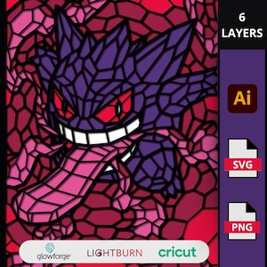 Gengar Pokémon SVG målat glas stil, 3D mosaikkonst för Cricut & Laser, Shadow Box Ghost Monster, väggdekor