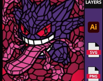 Styl witrażu SVG Pokemon Gengar, mozaika 3D dla Cricut i Laser, potwór-widmo w pudełku cienia, dekoracja ścienna