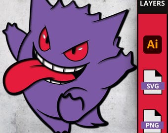 Plik SVG Pokemon Gengar, grafika warstwowa 3D dla Cricut i Laser, potwór typu duch, upiorna ozdoba na tort