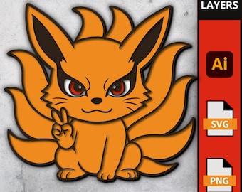 Dziewięcioogoniasty lis w stylu chibi SVG, mitologiczny potwór do grafiki warstwowej, pliki 3D do Cricut, ozdoba na tort w stylu anime