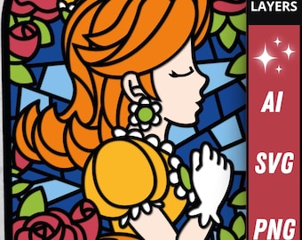 Witraż w stylu SVG Księżniczki Daisy, obraz warstwowy 3D, grafika dla graczy, kwiatowy cień w pudełku, pliki Cricut i laserowe
