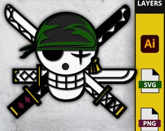 Czaszka SVG z trzema mieczami, emblemat pirata-szermierza, pliki warstwowe 3D dla Cricut, ozdoba na tort w stylu anime