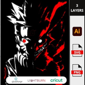 Può includere: Illustrazione in stile anime in bianco e nero con accenti rossi. L'immagine presenta un personaggio con un design diviso, una metà bianca e l'altra rossa. L'immagine include il testo "3 LAYERS" e le icone per i formati di file AI, SVG e PNG.