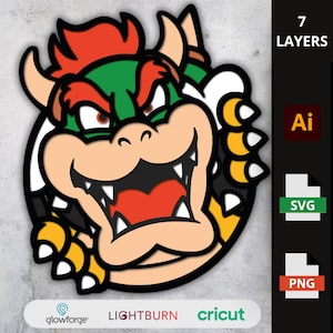 Puede incluir: Ilustración de dibujos animados de Bowser en rojo, verde y amarillo. La imagen incluye el texto "7 LAYERS" e iconos de tipo de archivo para Ai, SVG y PNG. También están presentes los logotipos de Glowforge, Lightburn y Cricut.
