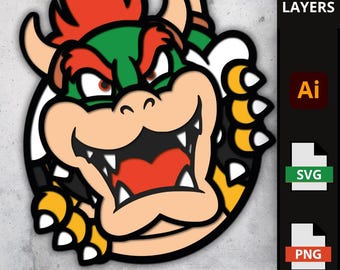 Plik SVG Bowsera do grafiki warstwowej, złoczyńca z Mario Bros., projekt 3D dla Cricut i Laser, ozdoba na tort Koopa King