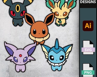 Pakiet Eeveelutions SVG | Eevee, Vaporeon, Umbreon, Espeon, Leafeon | 5 warstwowych plików Pokemon do Cricut i dekoracji imprezowych