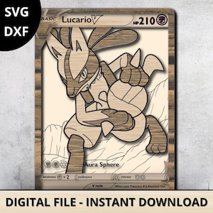 Peut inclure: Un fichier numérique présentant un design de carte Pokémon Lucario V. La carte est de couleur sépia avec le texte "Lucario V" et "Aura Sphere". La carte comprend également le texte "DIGITAL FILE - INSTANT DOWNLOAD".