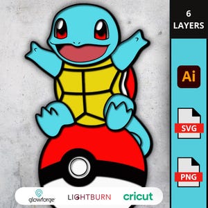 May include: A cartoon illustration of a Squirtle character from the Pokémon franchise, in light blue, yellow, and red. The character is sitting on a red and black Poké Ball. The image includes the text "6 LAYERS" and file type icons.