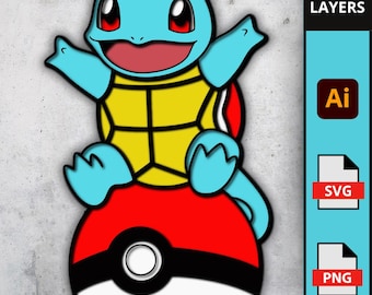 Plik SVG Squirtle na Pokeballu, grafika warstwowa 3D dla Cricut, uroczy żółwik, szablon na tort Pokemon
