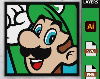 Plik SVG Luigi dla grafiki warstwowej 3D, postaci z Mario Bros., pudełka z grami wideo, projektu z drewna ciętego laserowo