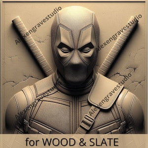 May include: A 3D relief carving of Deadpool, a superhero character, with his signature mask and swords. The carving is made for wood or slate.