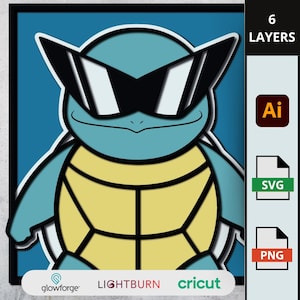 Puede incluir: Imagen de dibujos animados de una tortuga azul con gafas de sol negras, sobre un fondo azul. La tortuga tiene un caparazón amarillo. La imagen incluye el texto "6 LAYERS" e iconos de tipo de archivo para AI, SVG y PNG.