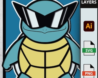 Squirtle Squad Pokemon SVG, grafika warstwowa 3D dla Cricut i Laser, Kanto Turtle Shadow Box, dekoracja ścienna
