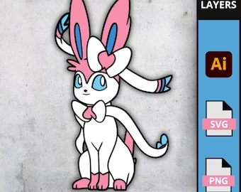 Plik SVG z Pokemonem Sylveona, grafika warstwowa Eeveelution 3D dla Cricut, potwór w stylu wróżki, szablon ozdoby na tort