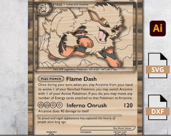 Karta Pokémon Arcanine w formacie SVG, plik 3D z laserowym cięciem warstwowym, DXF dla Glowforge, sztuka z drewna anime, fan art, pobieranie cyfrowe
