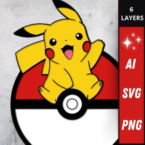 Puede incluir: Ilustración de un personaje Pikachu amarillo con mejillas rojas y una expresión sonriente, sentado en una Poké Ball roja y blanca. La imagen incluye el texto "6 LAYERS", "AI", "SVG" y "PNG".