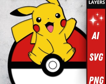 Plik SVG Pikachu na Pokeball, grafika warstwowa 3D dla Cricut, uroczy potwór, szablon na tort Pokemon
