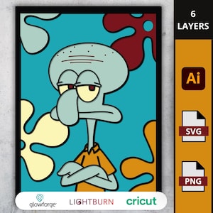 SVG Calamaro Scontroso con Sfondo a Fiori, Quadro 3D Stile Cartone Anni 90, Arte da Parete Meme, File per Laser