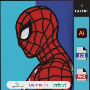 May include: Digital artwork of Spider-Man's head and shoulders in profile, with a red and black web design. The background is split between light and dark blue. The image includes the text "6 LAYERS", "Ai", "SVG", and "PNG".