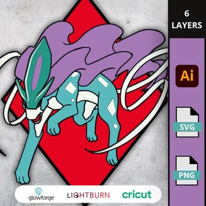 Könnte beinhalten: Eine digitale Illustration eines Fabelwesens in Türkis, Lila und Weiß, vor einem roten Diamanten. Das Bild enthält den Text "6 LAYERS", "Ai", "SVG" und "PNG" sowie die Logos von Glowforge, Lightburn und Cricut.
