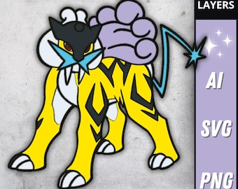 Plik SVG Pokemon Raikou, trójwymiarowa grafika warstwowa legendarnej bestii, Johto Thunder Tiger, ozdoba na tort do Cricut i Laser
