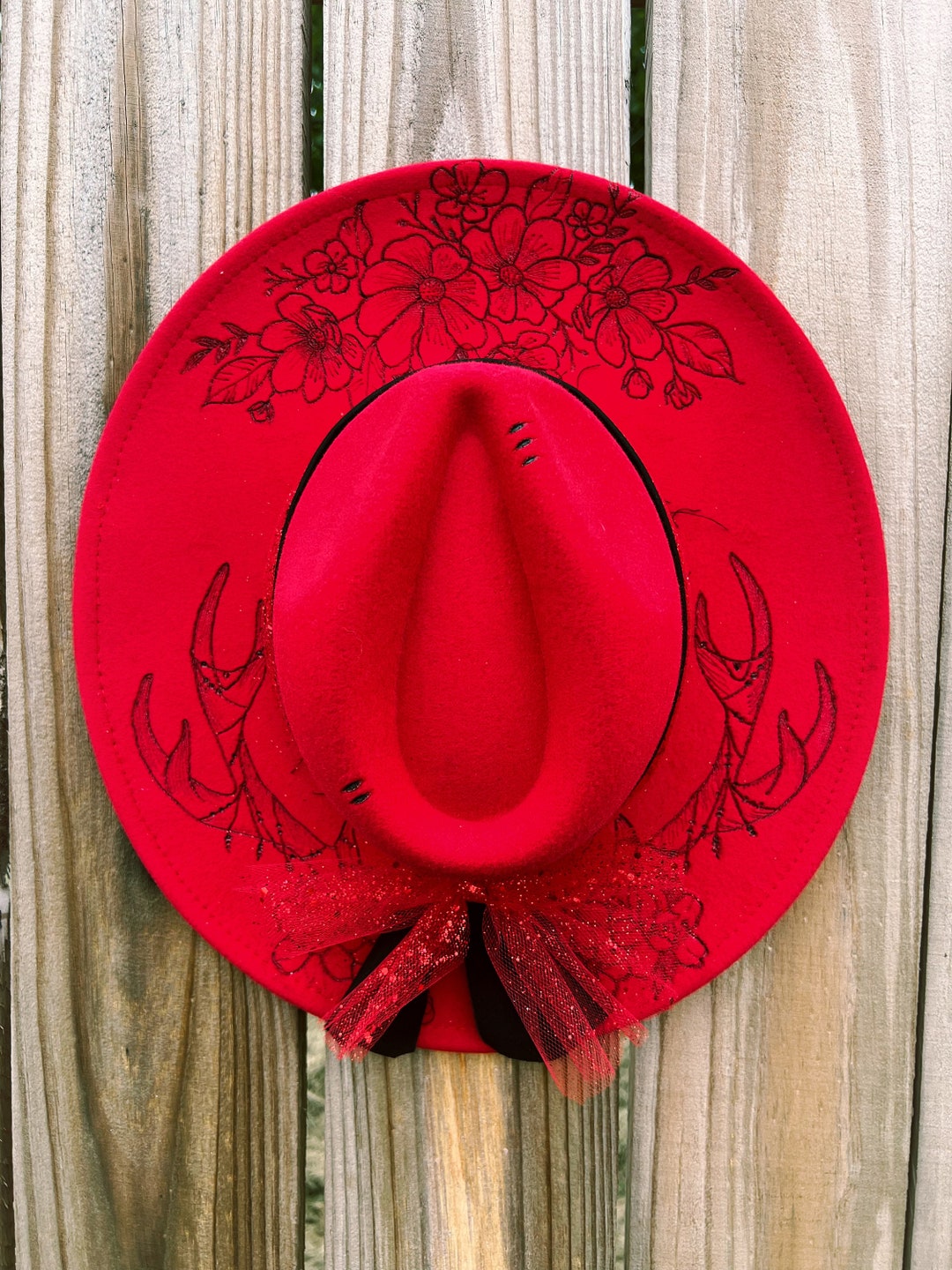Red Wide Brim Hat With Deer Antlers - Etsy