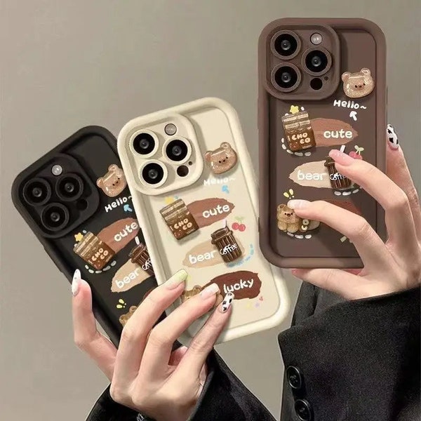 Cute 3D Coffee Bear Phone Case For iPhone 7 8 plus X XR XS Max 12 13 14 15 11 Pro Max Anti Fall Back Cover Silicone Case