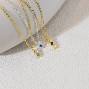 Personalized Family Birthstone Necklace, Square Birthstone Necklace, Mothers Birthstone Necklace, Custom Birthstone Jewelry, Christmas Gift