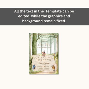 May include: An invitation card with an Alice in Wonderland theme. The card features illustrations of rabbits and a forest background. The text reads "Par-Tea in Wonderland" and "Harper's First Birthday". The card is framed with a gold border.