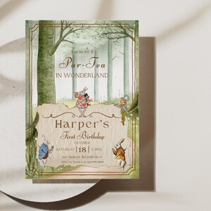 May include: An Alice in Wonderland themed birthday party invitation. The invitation features illustrations of characters from the story, including the Mad Hatter and the White Rabbit. The text reads "Par-Tea in Wonderland" and "Harper's First Birthday".