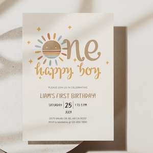 Boho Rainbow 1st Birthday Invitation: One Happy Boy, Sun Theme (Digital File 5x7" Template)