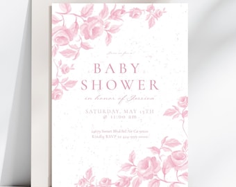Puede incluir: Una invitación a una baby shower floral rosa con el texto "BABY SHOWER en honor a Jession SÁBADO, 15 DE MAYO a las 11:00 am 24679 Sumer Blvd Bel Air Ca 90210 Por favor, RSVP al 424-999-0000"