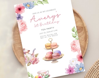 Editable First Birthday Tea Party Invitation - English Teapots, Cups & Desserts Theme with Flowers - DIY Printable Tea Party Invite