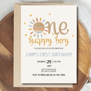 One Happy Boy Geburtstagseinladung Vorlage, Boho Regenbogen, Erste Reise um die Sonne Geburtstag einladen, Boho Sonne 1.Geburtstag Invite-DIY.