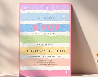May include: A colorful invitation for a K-Pop dance party, featuring pastel stripes of pink, blue, green, and yellow. The text reads "K-Pop Dance Party" and announces Olivia's 7th birthday on October 18th.