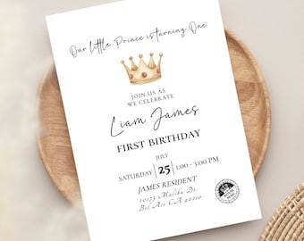 Editable First Birthday Invitation for Boy - &#39;Our Prince is Turning One&#39; Crown Theme - DIY Printable Royal Birthday Party Invite Template
