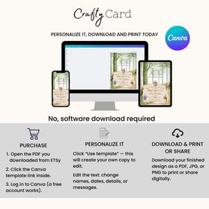May include: A digital invitation template displayed on a computer, tablet, and phone. The invitation features a forest scene with text that reads "Harper's First Birthday." The Canva logo is visible.